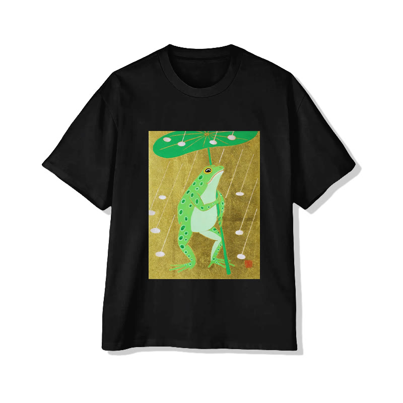 Unisex Frog with Lotus Leaf Umbrella Art Print Short Sleeved Crew Neck T-Shirt - Black - 2XL - image 4