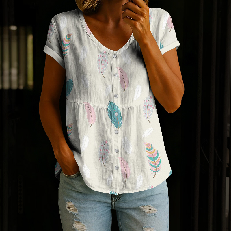 Vintage Colorful Feathers Art Print Button V-neck A-line Short-sleeve Blouse - Light Gray - 4XL - image 1