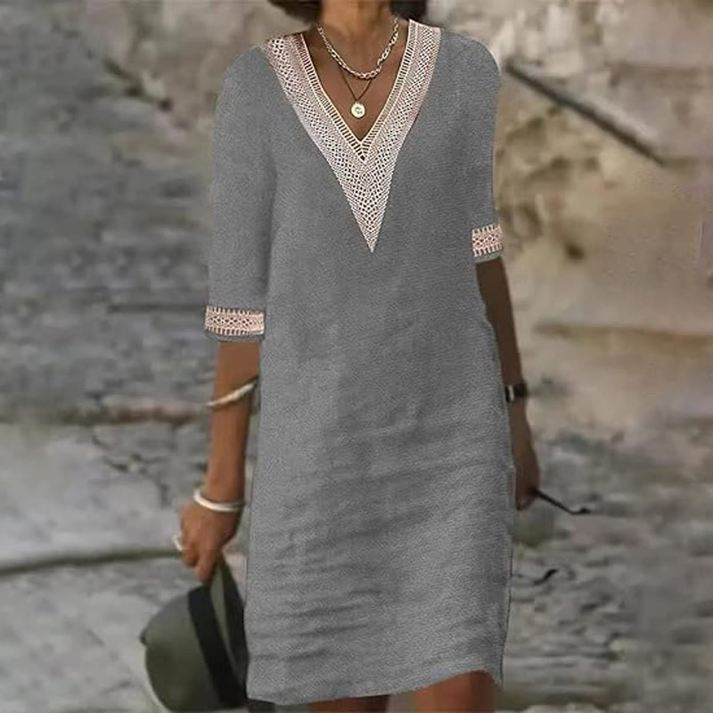 Elegant Solid V-neck Lace Half-sleeve Midi Dress - Grey - 4XL - image 4