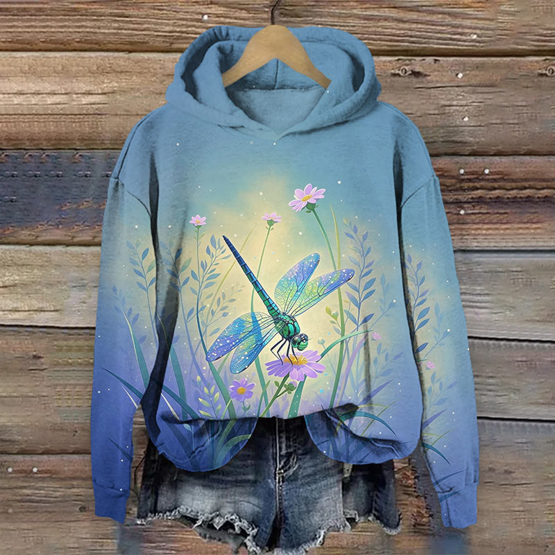 Watercolor Fantasy Dragonfly & Daisy Art Print Long Sleeve Hoodie - image 4