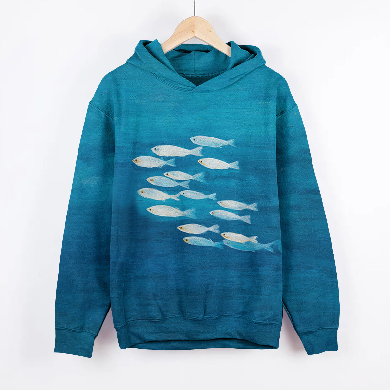 Unisex Marine Fish Shape Print Long Sleeved Hoodie - image 2