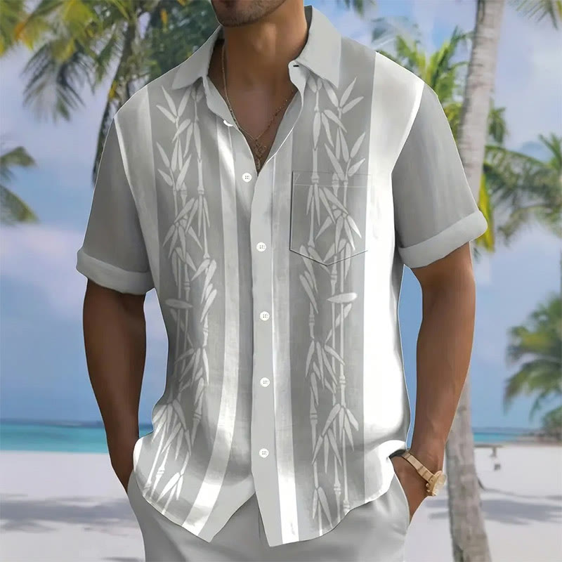 Men's Bamboo Print Hawaiian Short Sleeve Lapel Shirt - Grey - 5XL - image 4