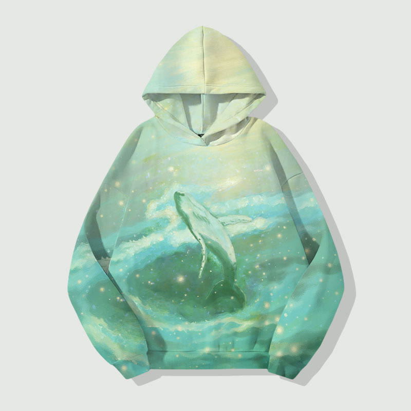 Fantasy Oil Painting Whale Leaping Art Print Long Sleeve Hoodie - Green - US44-46(8XL) - image 3