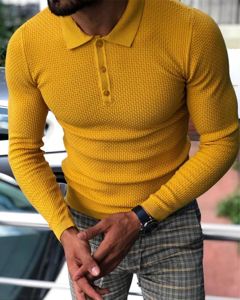 Men's Solid Color Waffle Long Sleeve Polo Shirt - image 9