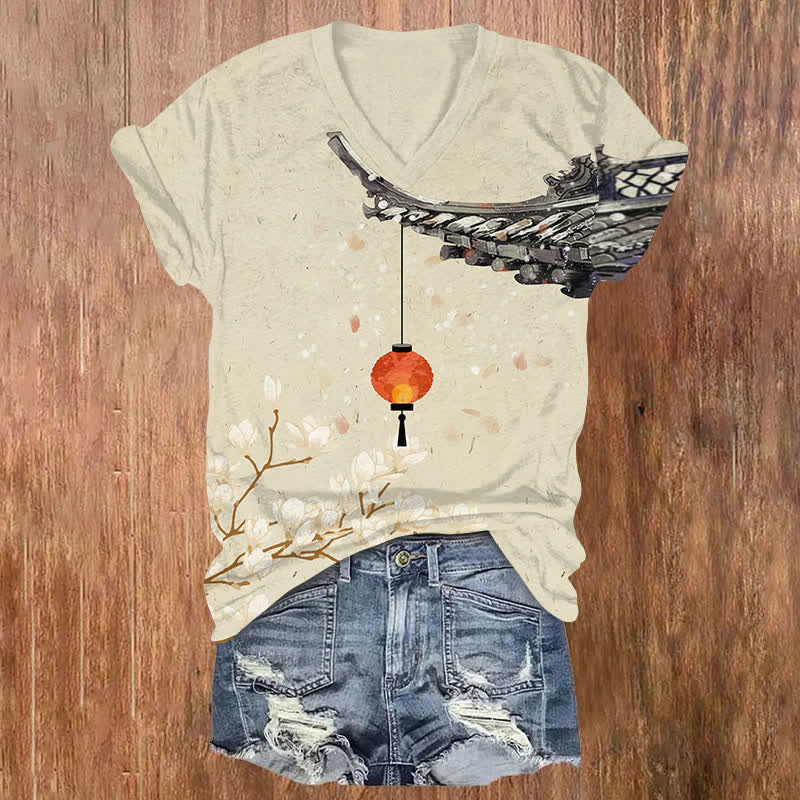 Japanese Blossom & Lantern Art Print V-neck T-shirt - Apricot - US32-34(5XL) - image 6