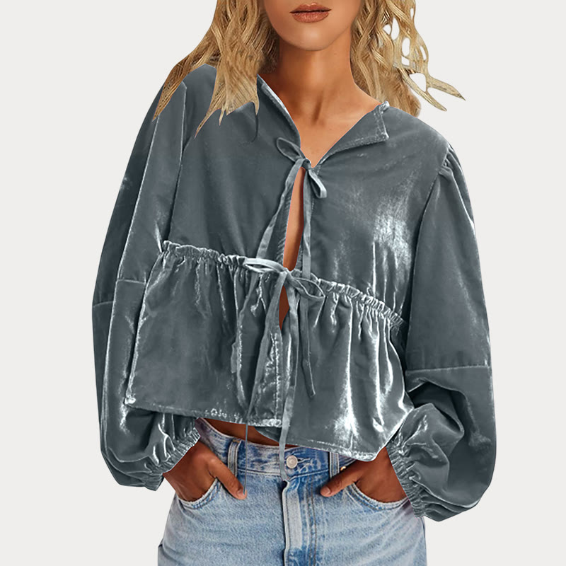 Women's V-neck Ruffled Solid Color Velvet Blouse - Silver - 2XL - image 6