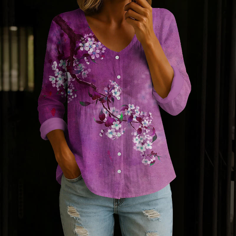 Japanese Antique Pear Blossom Ink Painting Print Button V-neck A-line Long Sleeve Blouse - Purple - 4XL - image 4