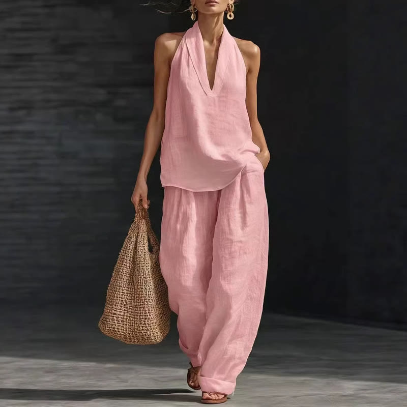 Cozy Loose-fitting Solid Lapel Halter-neck Sleeveless Top&pants Set - Pink - 5XL - image 3