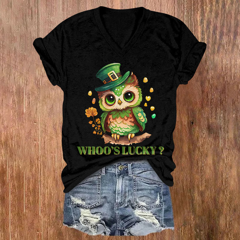 St. Patrick's Day Owl Print Short Sleeved V-Neck T-Shirt - Black - US32-34(5XL) - image 3