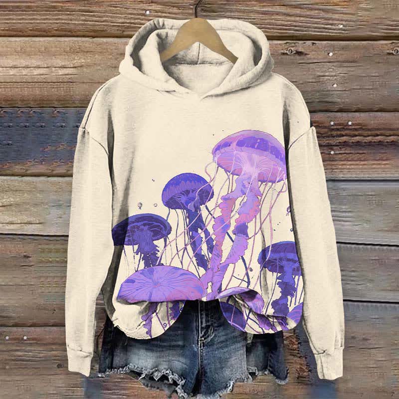 Oil Painting Fantasy Octopus Art Print Long Sleeve Hoodie - Beige - US44-46(8XL) - image 3