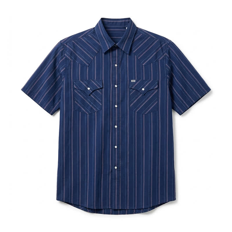 Men's Collar Neck Traditional Striped Short Sleeve Shirt  - Navy Blue - 6XL - image 5
