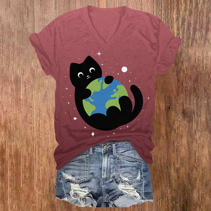 Lovely Black Cat Holding The Earth Print V-neck T-shirt - Wine - US32-34(5XL) - image 6