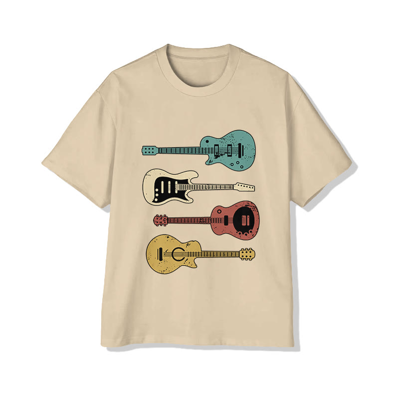 Unisex Vintage Guitar Collection Pattern Short Sleeved Crew Neck T-Shirt - Apricot - 2XL - image 4