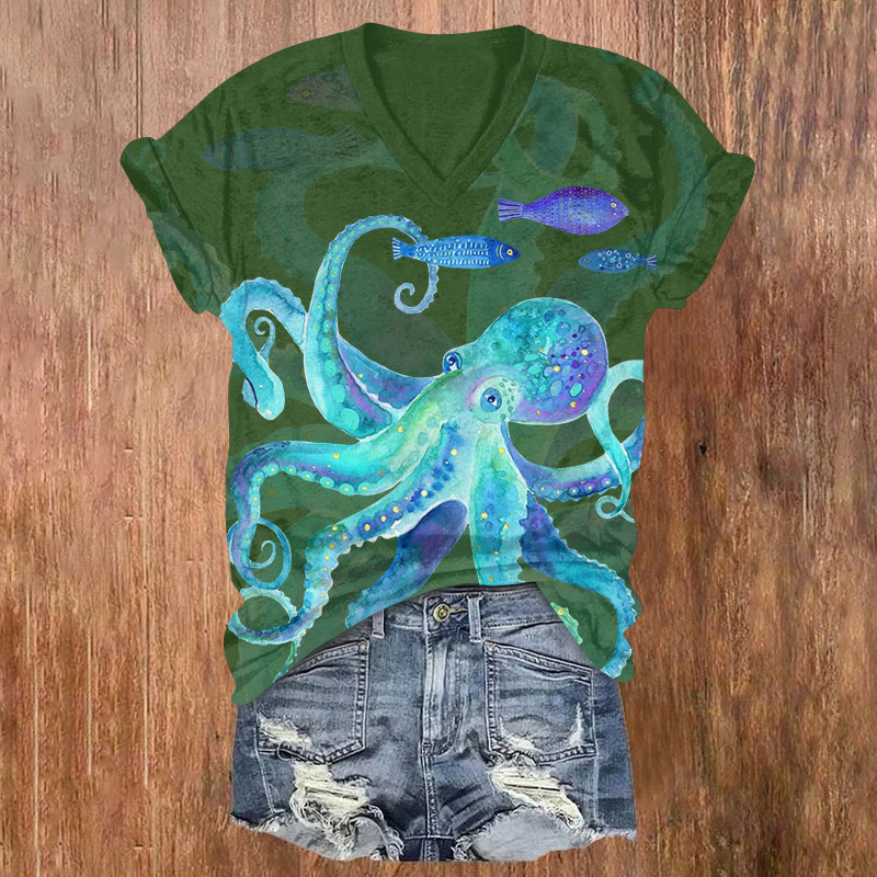 Aurora Watercolor Octopus Art Pattern Print Short Sleeved V-neck T-shirt - Green - US32-34(5XL) - image 4