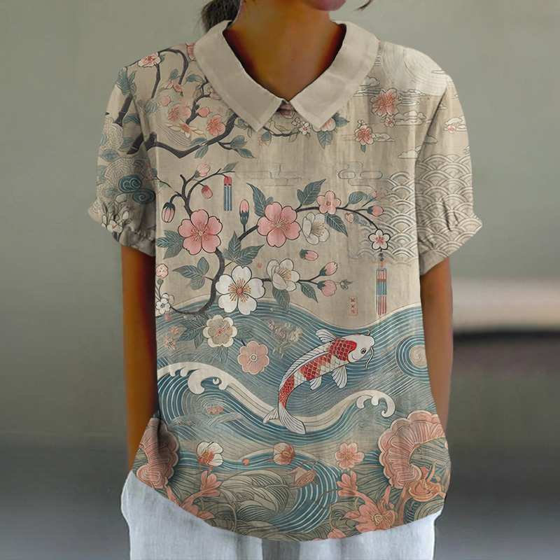 Vintage Watercolor Sakura & Koi Carp Print Casual Lapel Loose Blouse - Khaki - 6XL - image 1