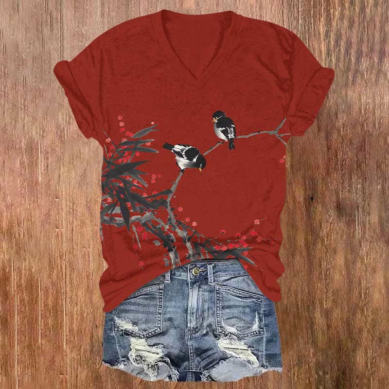 Japanese Vintage Bird Art Print V-neck T-shirt - Red - US32-34(5XL) - image 5