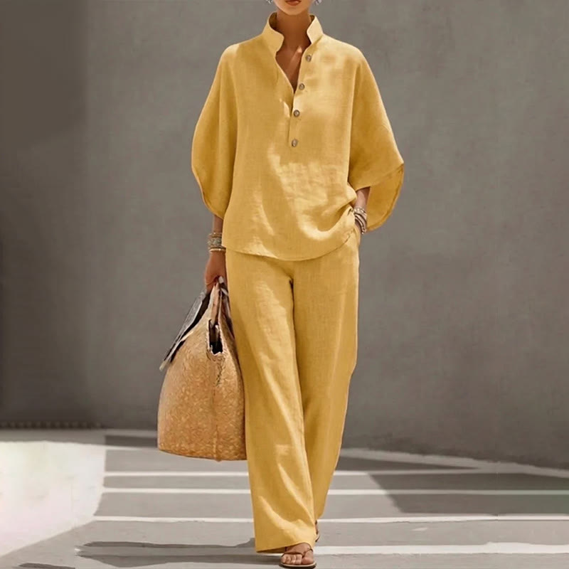 Casual Solid Loose-fitting 3/4 Sleeve Blouse&wide-leg Pants Set - Yellow - 5XL - image 7