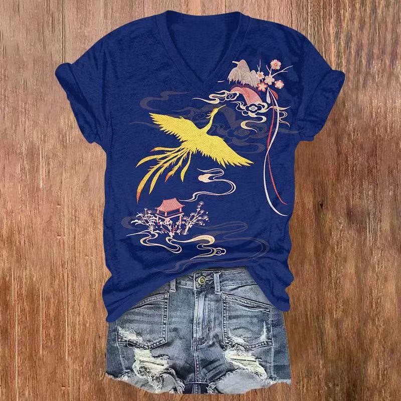 Japanese Crane Fly Over Moutains Print V-neck T-shirt - Blue - US32-34(5XL) - image 3