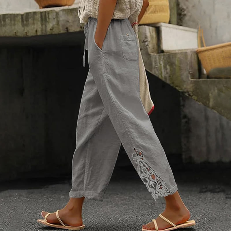 Elegant Solid Lace-trimmed Cuffs Pocket Loose-fitting Drawstrings Pants - Grey - 2XL - image 5