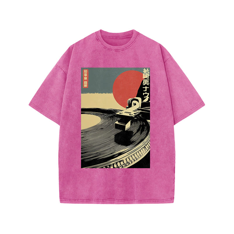 Japanese Vintage Turntable Art Print Acid Washed T-shirt - Pink - US20-22(3XL) - image 7