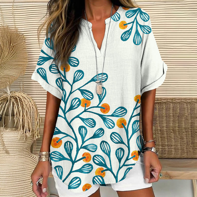 Japanese Watercolor Citrus Pattern Print Short Sleeve Casual Blouse - Lake Blue - 5XL - image 3