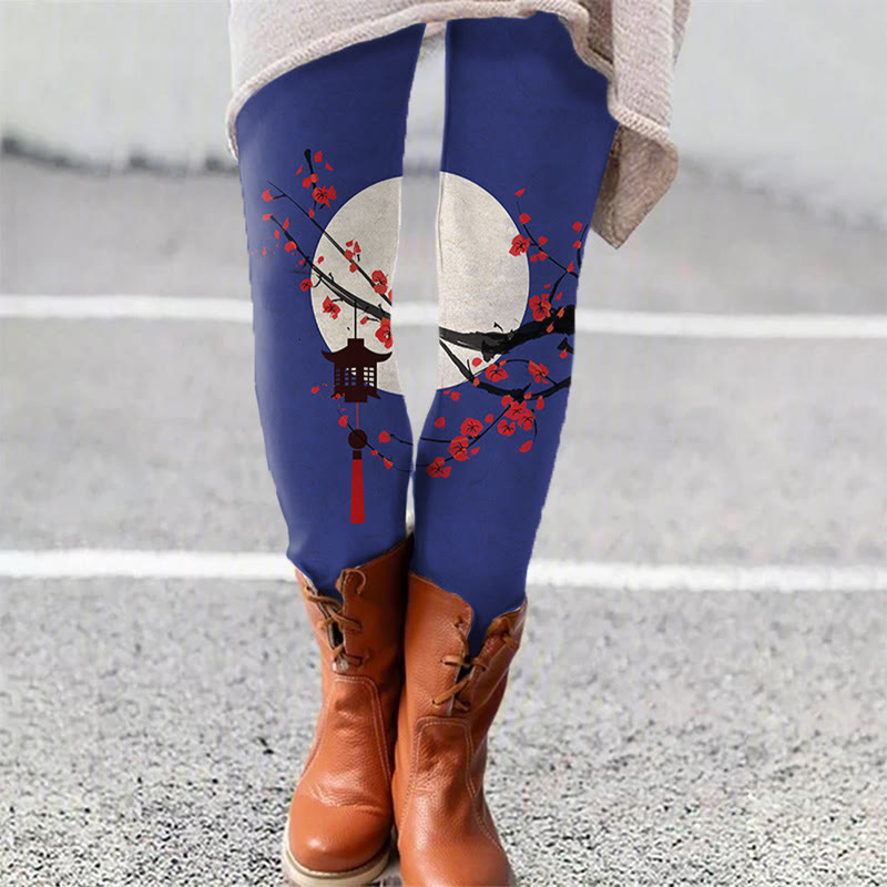 Japanese Sun & Lantern On Plum Blossom Art Print Leggings - Blue - 5XL - image 5