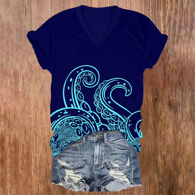  Japanese Solid Octopus Tentacles Art Print V-neck T-shirt - Light Blue - US32-34(5XL) - image 5