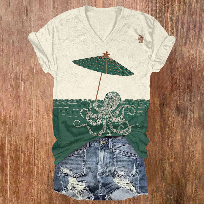 Japanese Style Octopus Print Short Sleeved V-neck T-shirt - Beige - US32-34(5XL) - image 1