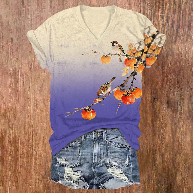 Japanese Cute Bird Eating Persimmon On The Branch Print V-neck T-shirt - Purple - US32-34(5XL) - image 4