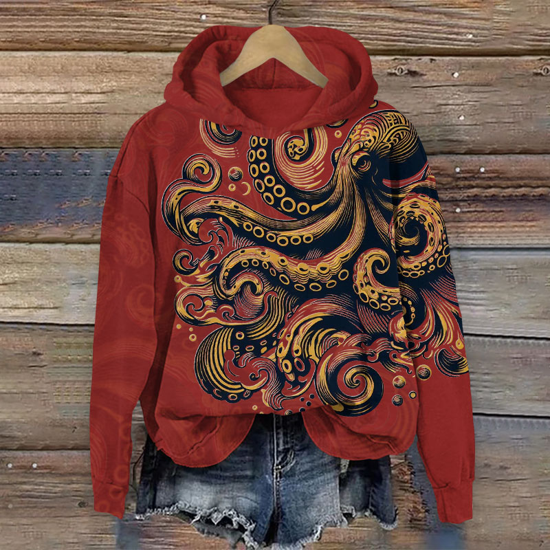 Contrasting Ink Watercolor Octopus Print Long Sleeve Hoodie - Red - US44-46(8XL) - image 6