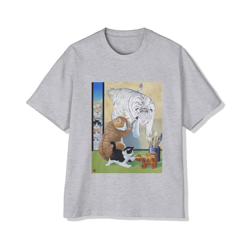 Unisex Cat And White Tiger Whimsical Art Print Short Sleeved Crew Neck T-Shirt - Grey - 2XL - image 3