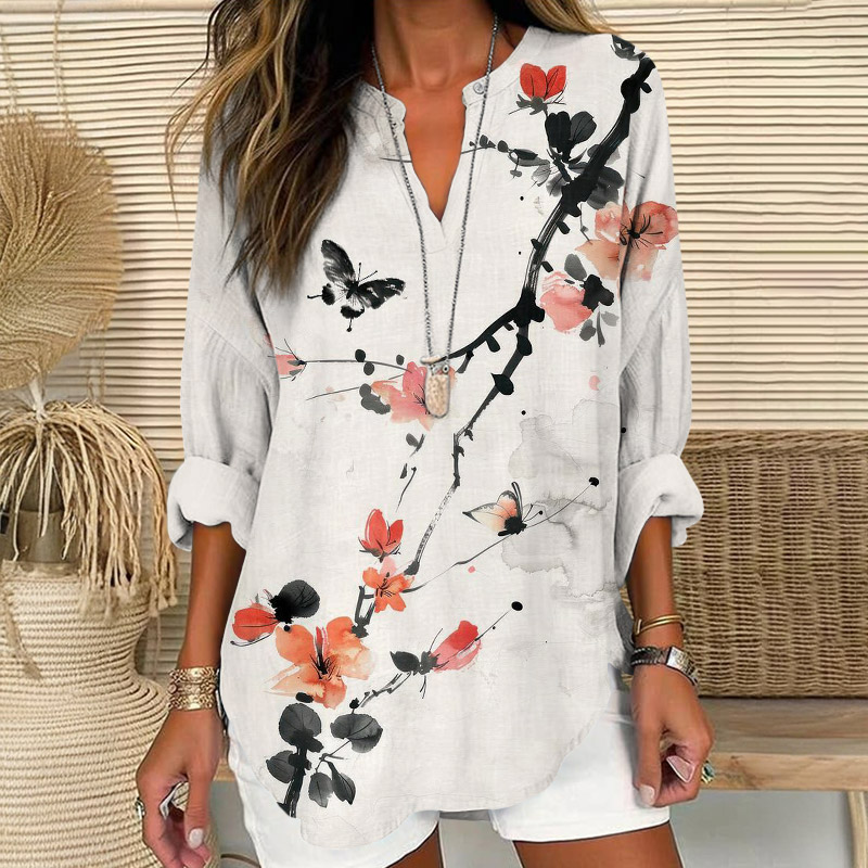 Ink Watercolor Butterfly & Floral Art Print V Neck Long Sleeve Blouse - White - 8XL - image 1