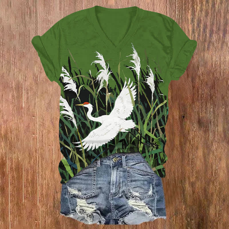 Japanese White Crane Flying Across Reed Marsh Print V-neck T-shirt - Green - US32-34(5XL) - image 5