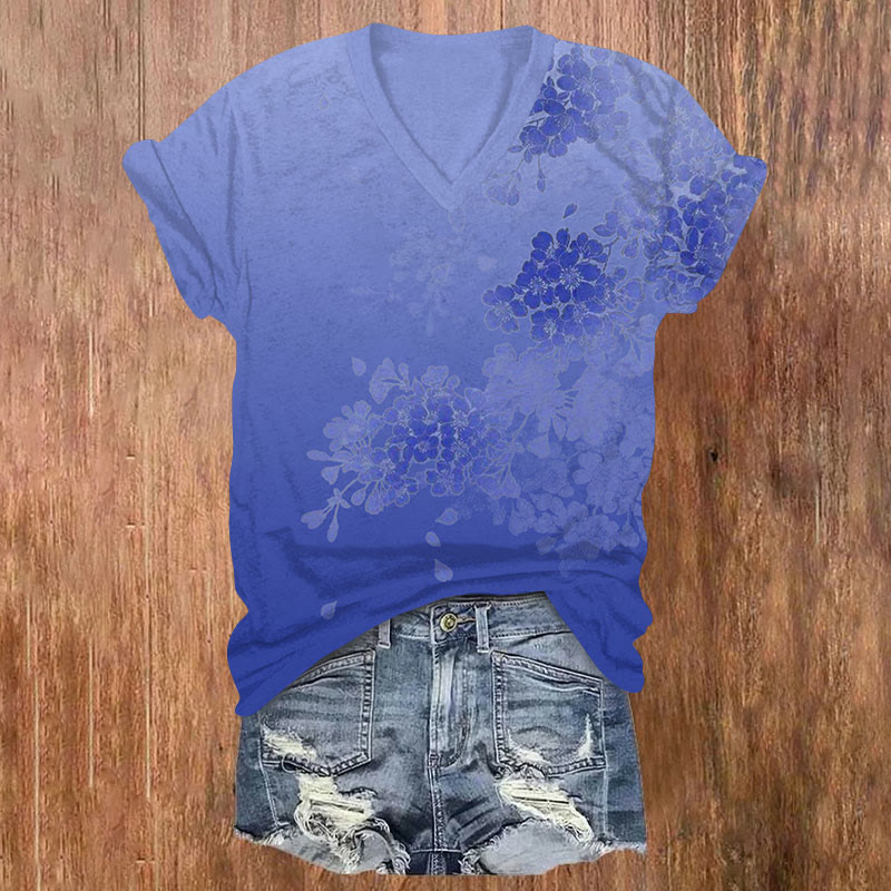 Watercolor Floral Print V-neck T-shirt - Blue - US32-34(5XL) - image 4