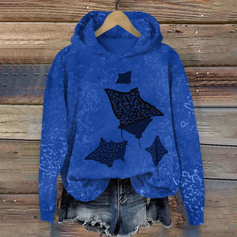 Ocean School Of Manta Ray  Print Long Sleeve Hoodie - Blue - US44-46(8XL) - image 3