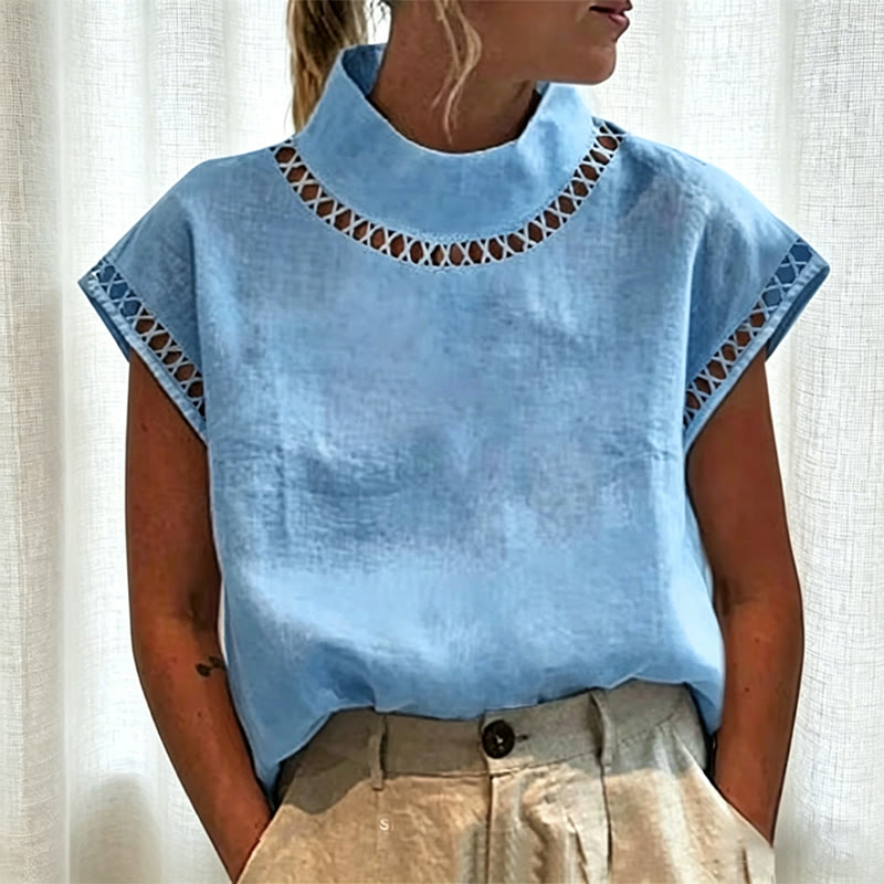 Solid Openwork Lace Splicing Stand Collar Flutter Sleeves Blouse - Sky Blue - 4XL - image 3