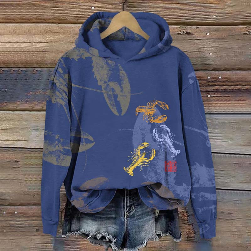 Ocean Vibrant Lobster Graphic Art Print Long Sleeve Hoodie - Blue - US44-46(8XL) - image 3