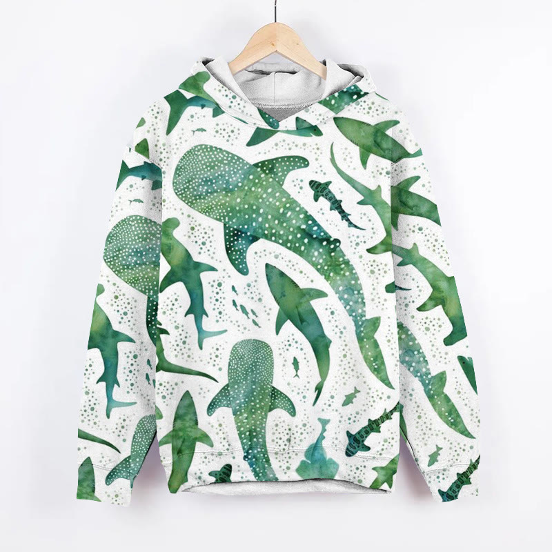 Unisex Watercolor Whale Shark Art Print Long Sleeved Hoodie - Light Green - US44-46(8XL) - image 3