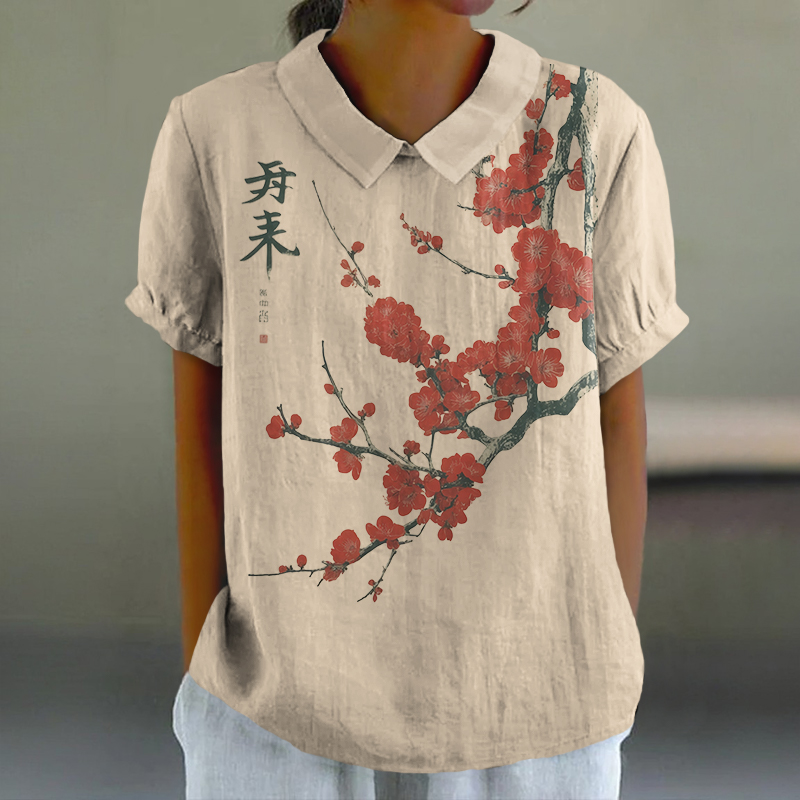 Japanese Plum Blossom Art Print Casual Lapel Loose Blouse - Apricot - 6XL - image 1