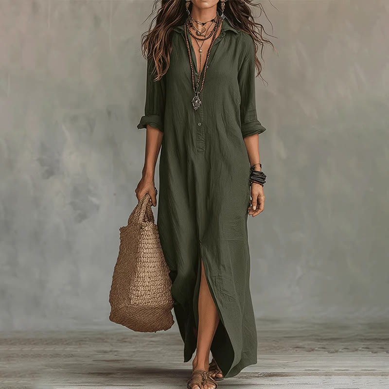 Casual Solid V-neck Lapel Long-sleeve Maxi Dress With Front Slit - Green - 2XL - image 4