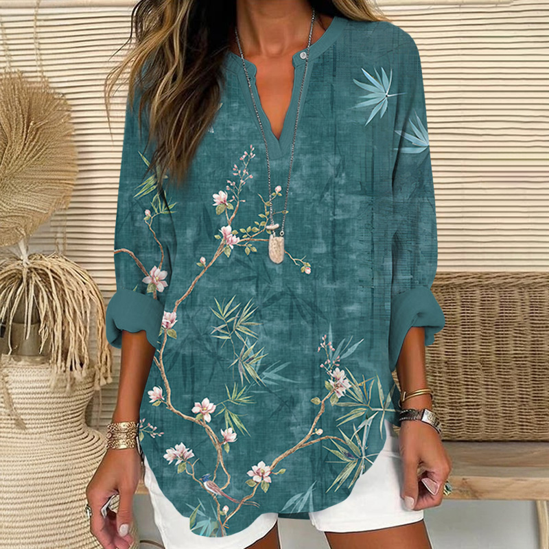 Lovely Pink Floral Art Print V Neck Long Sleeve Blouse - Green - 8XL - image 1