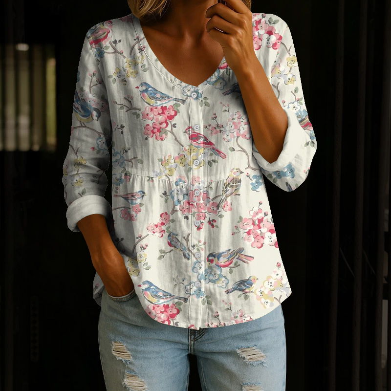 Watercolor Flowers & Birds Art Print Button V-neck A-line Long Sleeve Blouse - Beige - 4XL - image 1