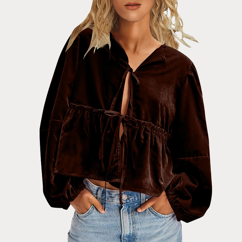 Women's V-neck Ruffled Solid Color Velvet Blouse - Coffee - 2XL - image 4