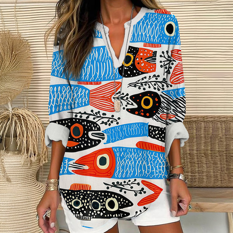 Funny Blue & Black Fish Art Print V Neck Long Sleeve Blouse - Multicolor - 8XL - image 1