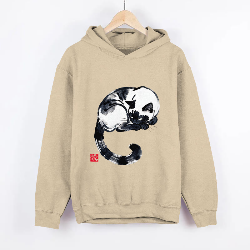 Unisex Ink Painting Cat Pattern Long Sleeved Hoodie - Apricot - US44-46(8XL) - image 3