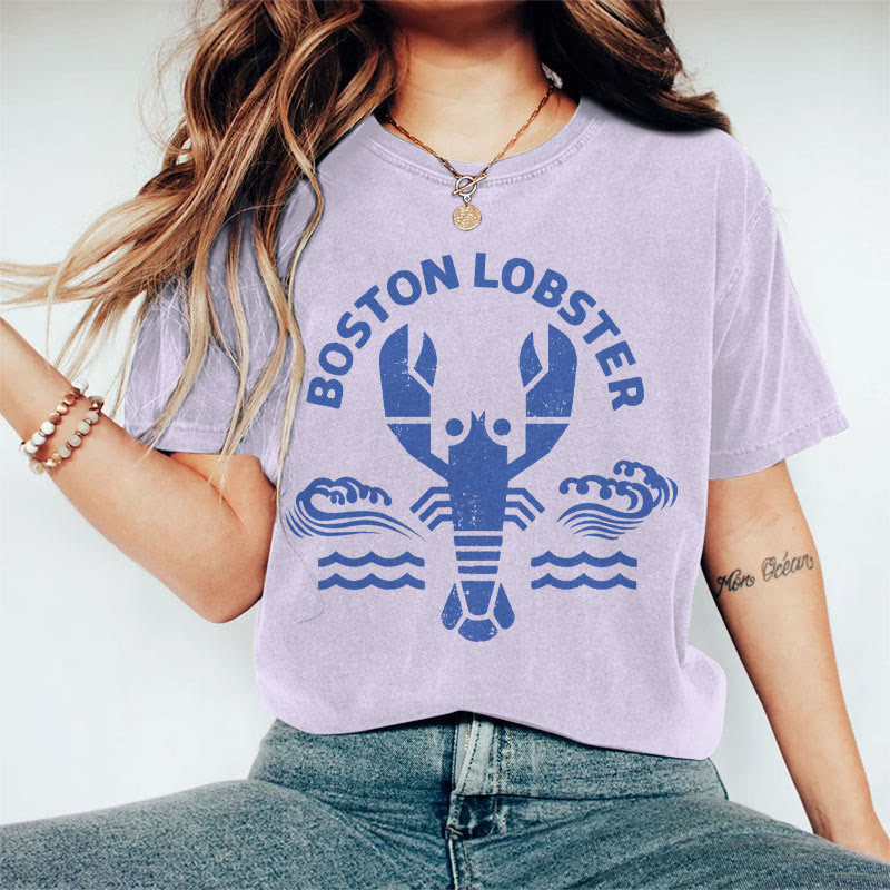 100% Cotton Women's Vintage Boston Lobster Art Print Casual T-shirt - Purple - 2XL - image 4