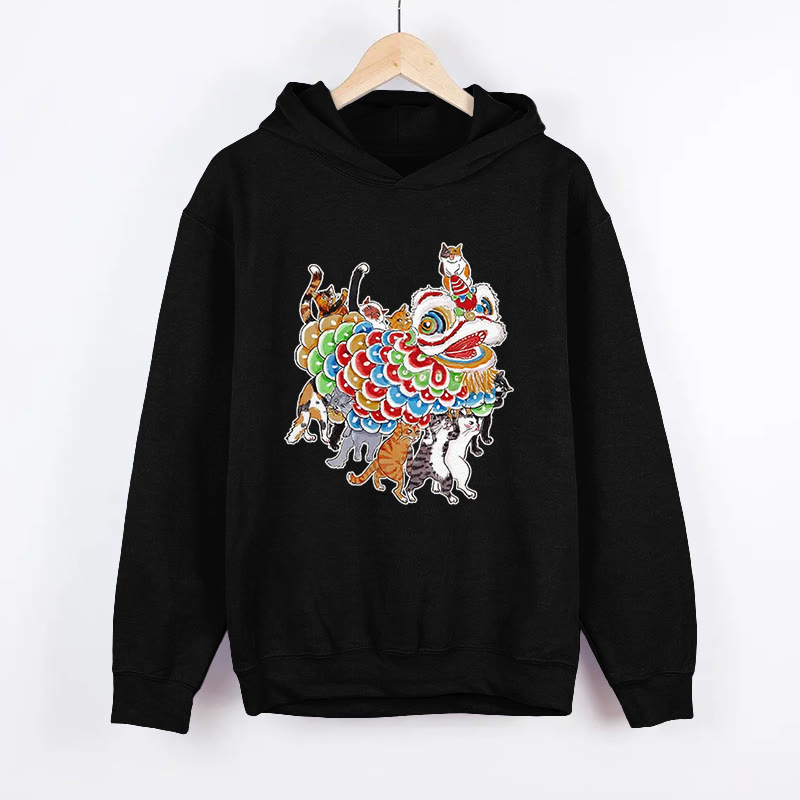 Unisex  Cats Perform A Lion Dance To Celebrate The New Year Pattern Long Sleeved Hoodie - Black - US44-46(8XL) - image 5