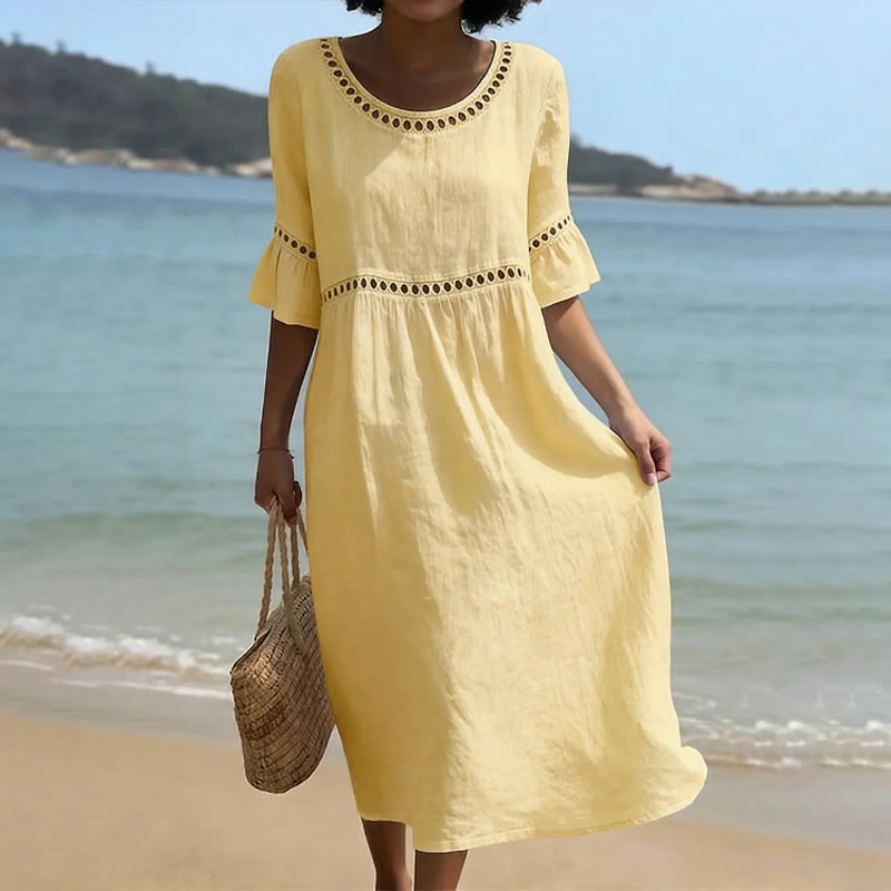 Elegant Solid Openwork Lace Round Neck Ruffles Half Sleeve Midi Dress - Yellow - 3XL - image 5