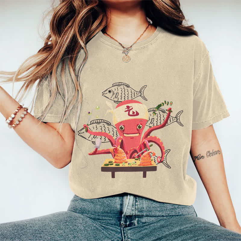 100% Cotton Japanese Octopus Making Sushi Art T-shirt - Apricot - 2XL - image 9