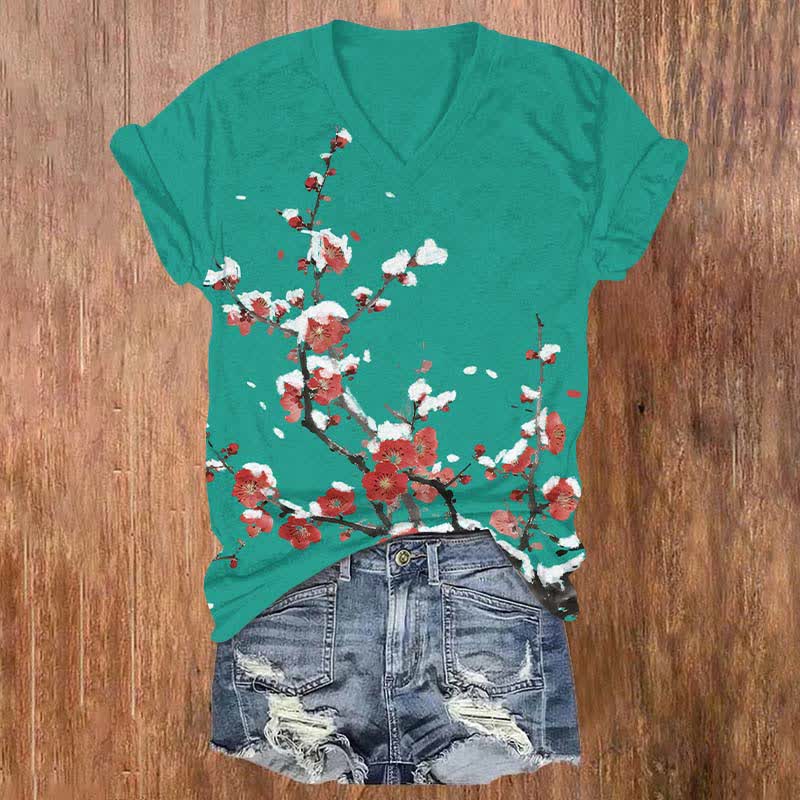 Japanese Vintage Plum Blossom Art Print V-neck T-shirt - Olive Green - US32-34(5XL) - image 3